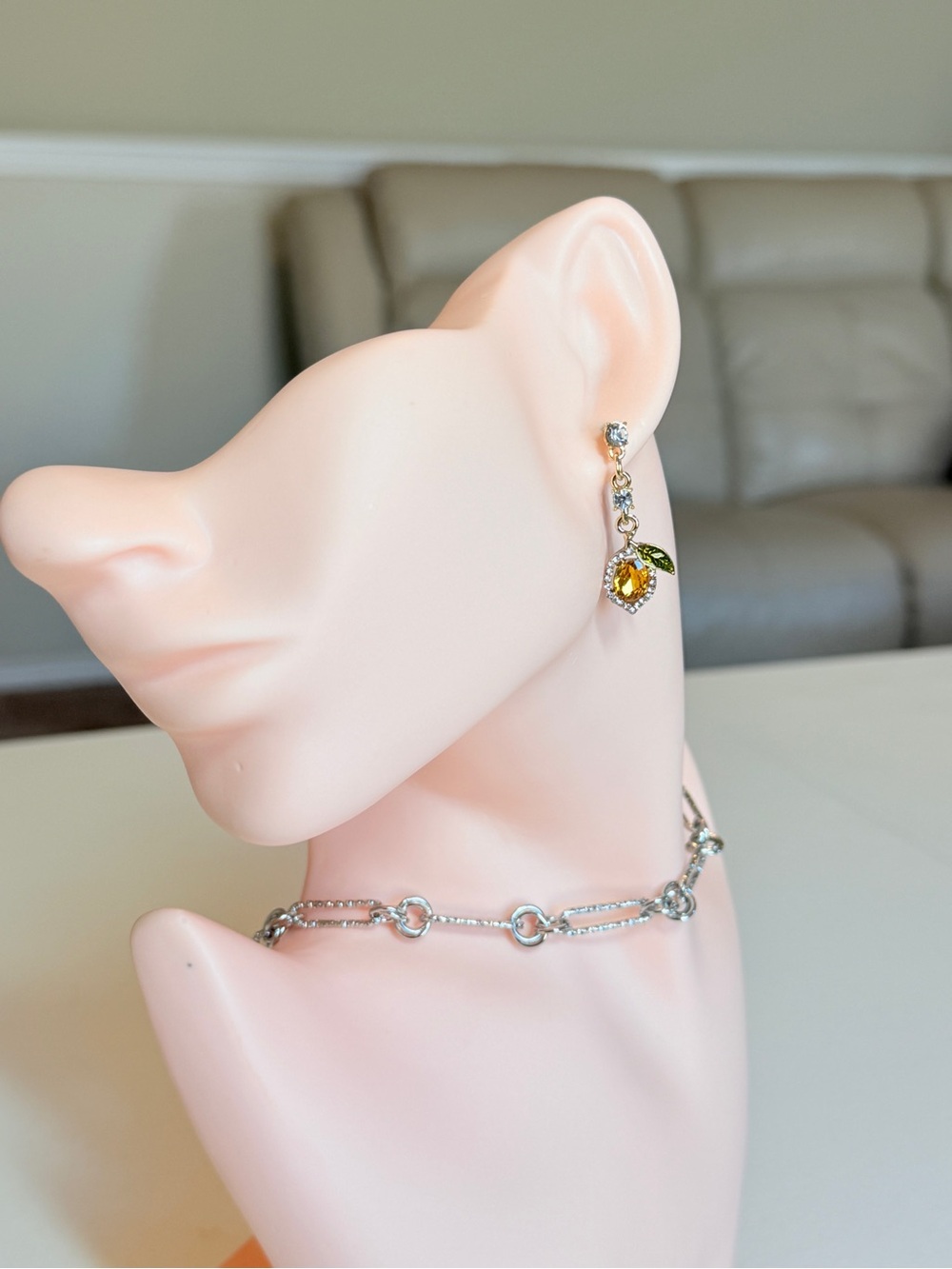 Gold Drop Earrings with Amber Crystal and Green Leaf - Picture 6 of 14